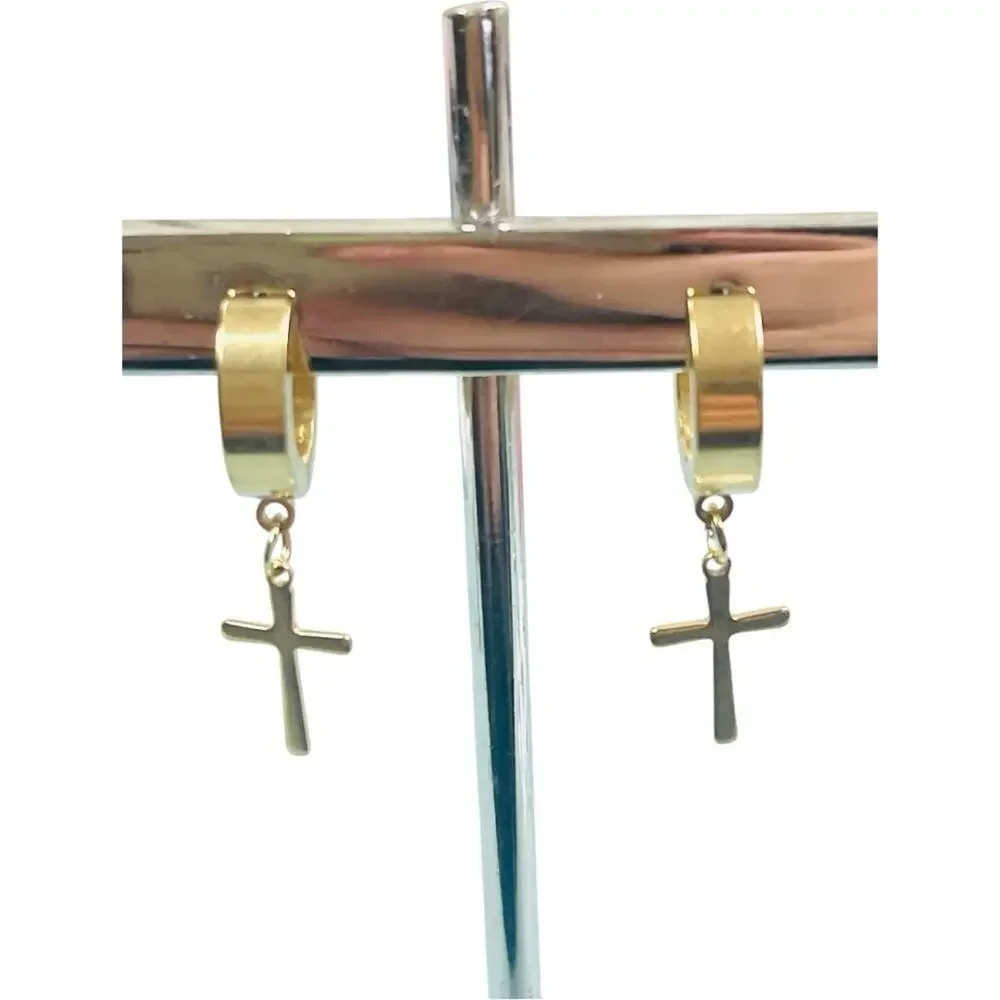 Gold Huggie Hoop Earrings with Cross Charm